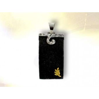 Rectangular shaped lava pendant with gold acacia sprig 